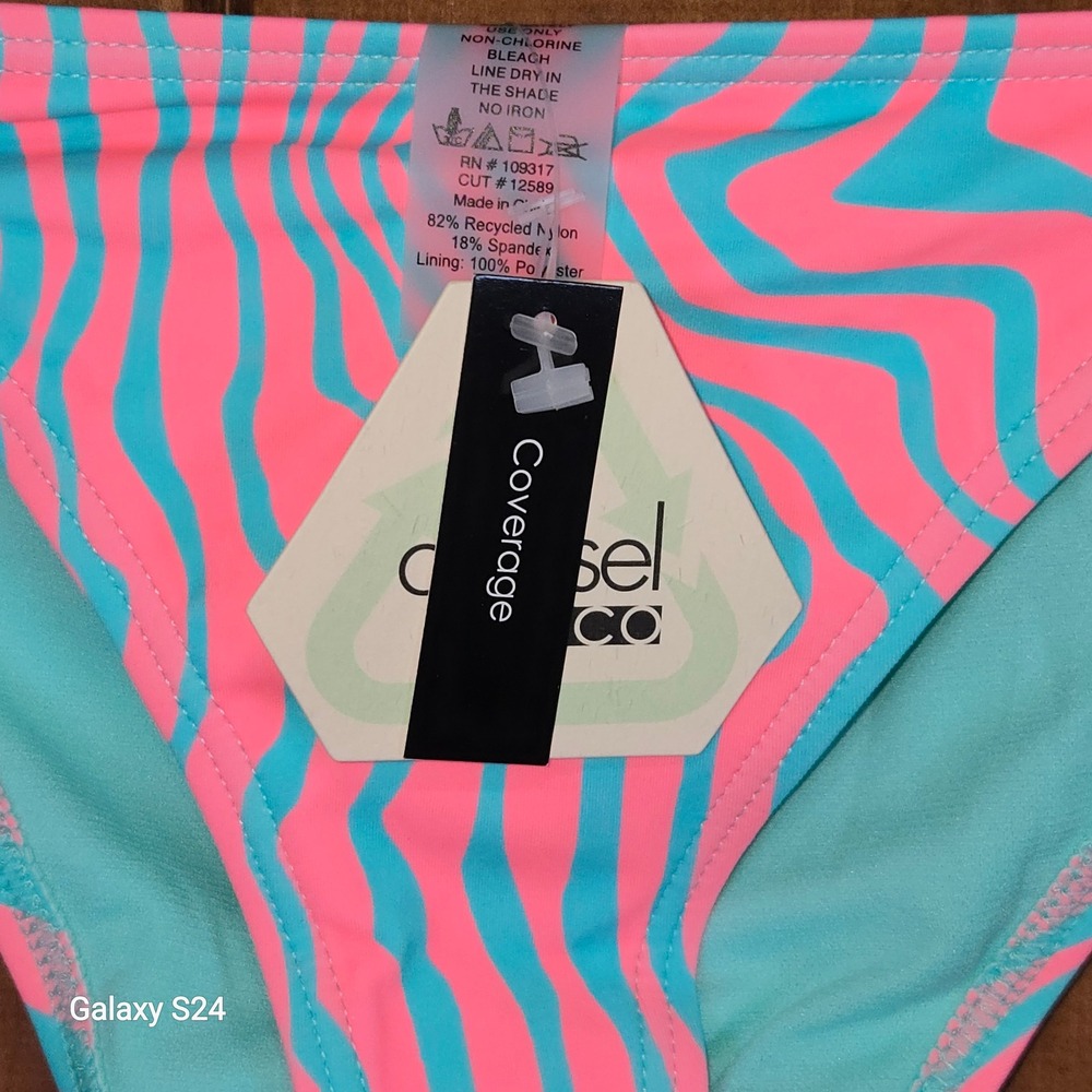 Coastal Blue Womens XL Pink Teal Zebra Stripe Side Tie Bikini Bottoms New